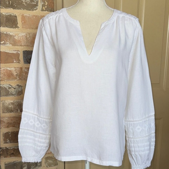 Rachel Zoe White Linen Popover Top Boho V-neck Embroidered Puffy Sleeves - Picture 1 of 10